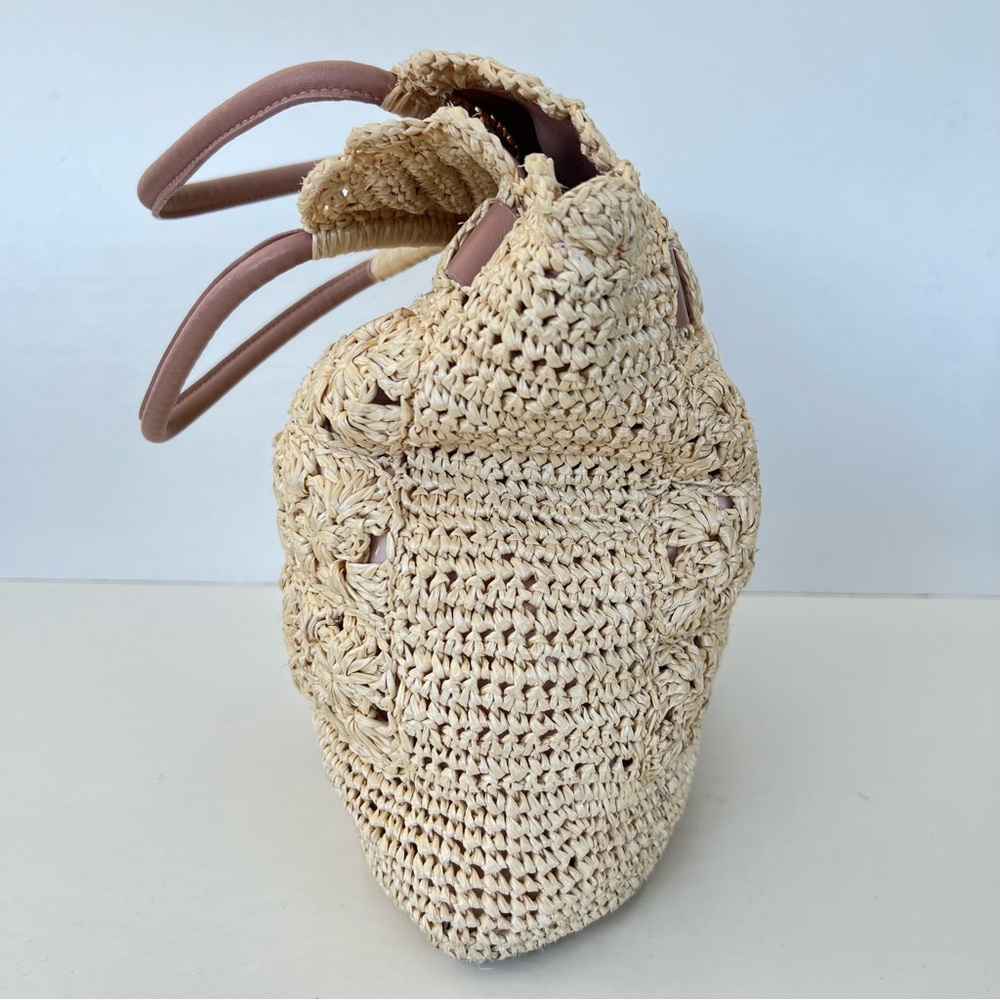 RED VALENTINO Cream Crochet Raffia Pink Mauve Leather Bow Shoulder Bag Tote - Picture 7 of 16